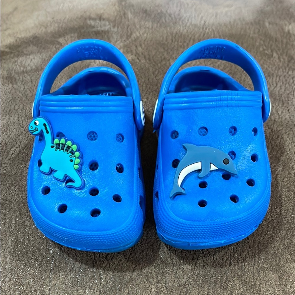 Blue Kids Clogs with Dinosaur and Dolphin Charms